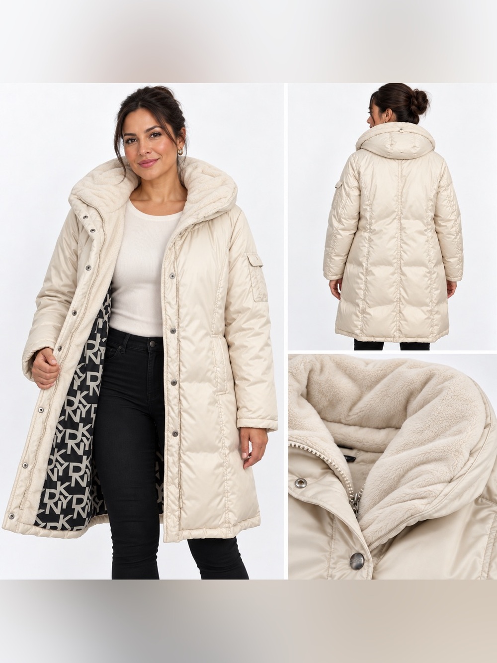 DKNY Faux Fur Collar Hooded Long Puffer Coat Cream XL